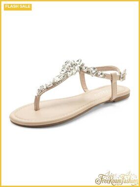 Women's Rhinestone T-Strap Flat Sandals PU Leather Cushioned Wedding Beach Shoes